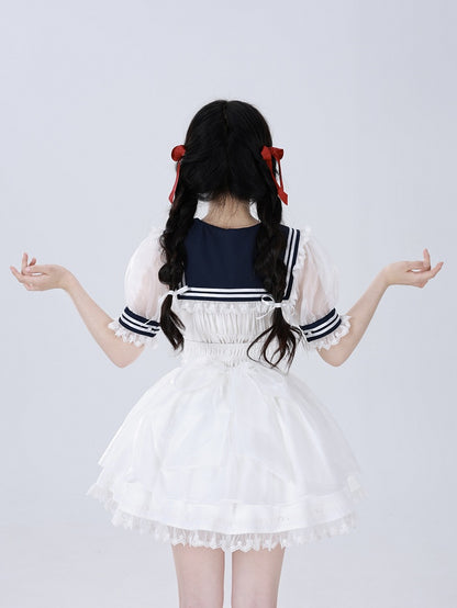 White Star Buttons High Waist Tenshi-kai Skirt with Flutter Shoulder Straps - DevilInspired Exclusive Collection