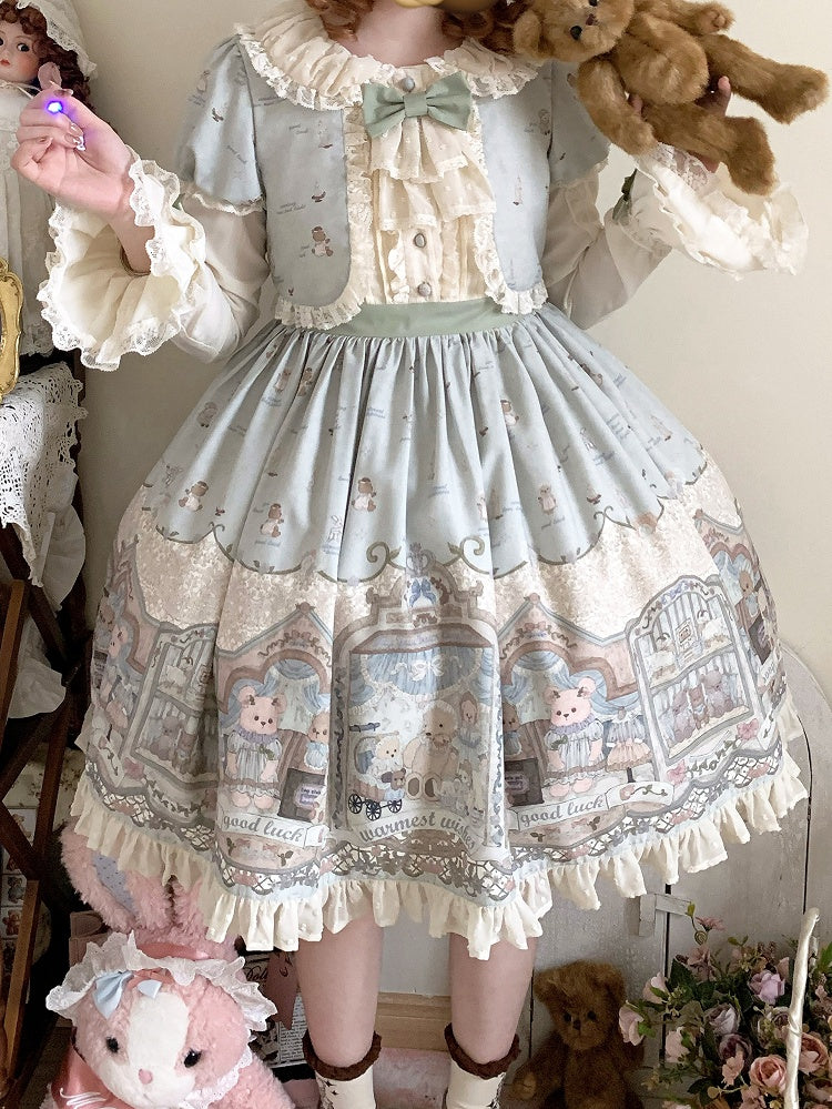 グリーンのスイートテディロリータドレスフェイクツーピースデザイン