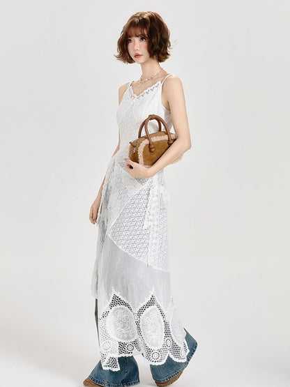 Lace Patchwork White Adjustable Layered Slip Dress - Girlyhalo