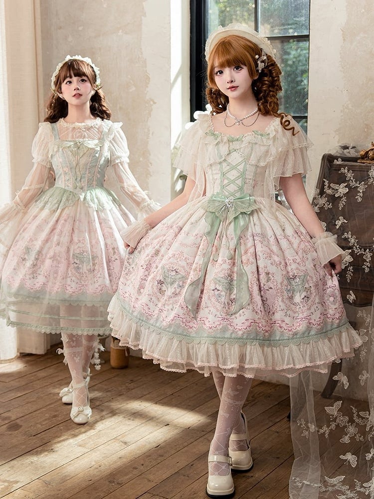 Floral Square Dress Lolita Elegant Moth Green and with Details Neckline Lace Pink Print