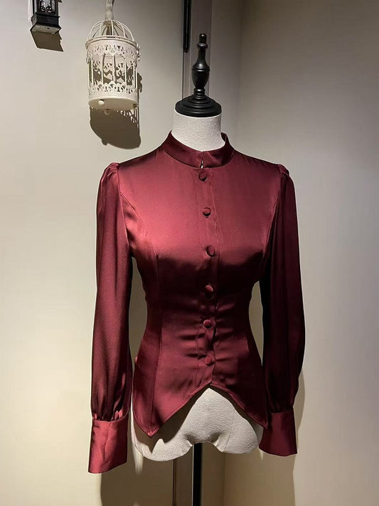 マンダリンロリータレッドワインカラースリーブシャツ王子ロング