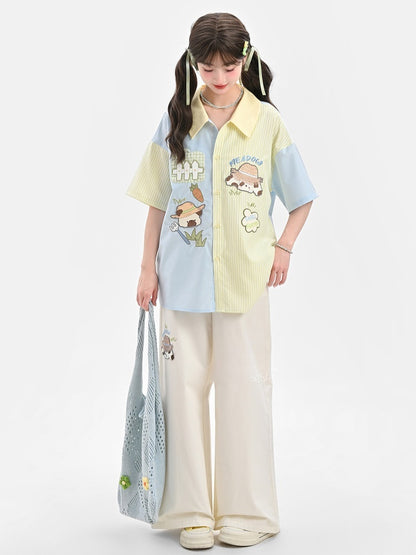 Taille Cartoon Tier Stickerei Regelmäßige/Lange Weite Bein Hosen Beige Hohe Version