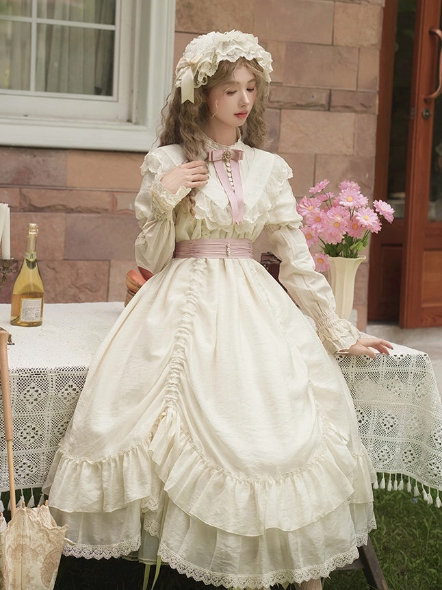 und Design Taille Rosa Kordelzug Mode Gürtel Kleid mit Beige Lolita Vielseitige Schleifen