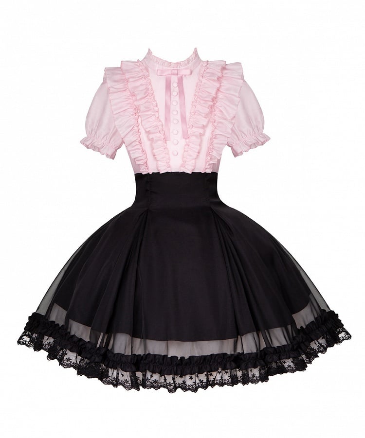 Pink Ruffled Blouse & Black Short Skirt Fake Two Pieces Lolita Dress - With PUJI