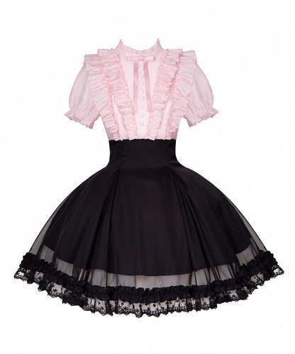 Pink Ruffled Blouse & Black Short Skirt Fake Two Pieces Lolita Dress - With PUJI