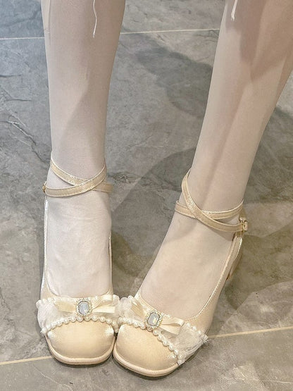 Lolita High-heel Straps Champagne Shoes Embellishments Crisscross with Rhinestones Sweet