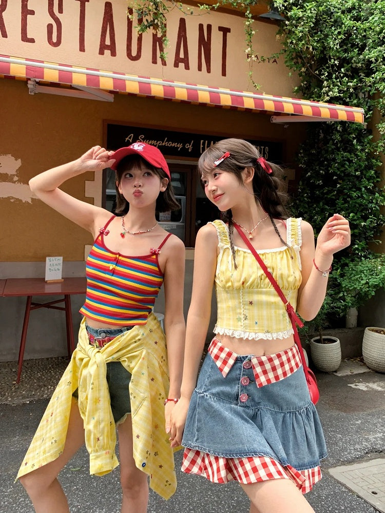 トリムレーススタープリントトップ イエローチェック柄 クロップド丈 ノースリーブ