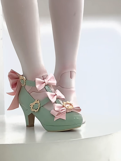 - Hime Snap Intricate Mary Fastener Pink Bow Lolita Details Janes High-heel Green Heart-shaped