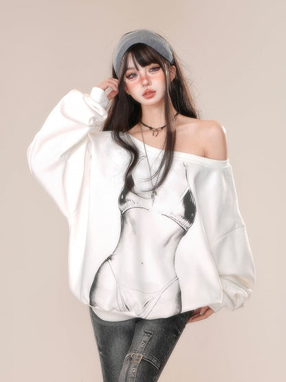 Weißes asymmetrisches Graffiti-Sweatshirt