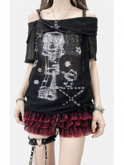 Girl Studs T-shirt Off-the-shoulder Black Details Print Cartoon Neckline