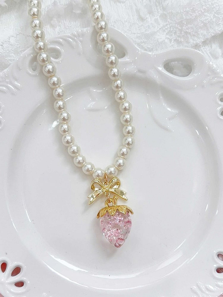 Sweet Necklace Charm Strawberry Beaded in Red/Pink/Blue/Transparent