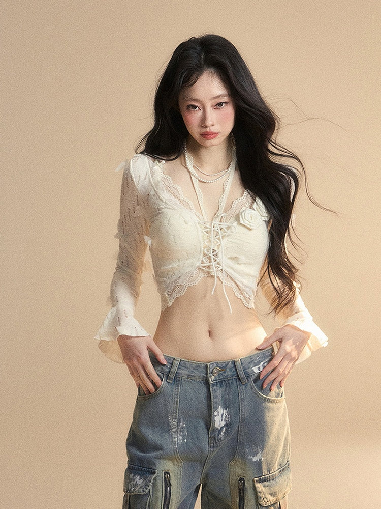 花飾りレースアプリコットベルスリーブバタフライセットクロップドトップグラマラストップ