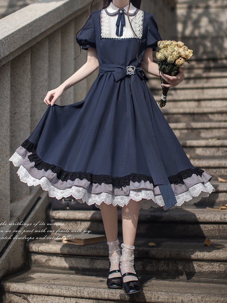 Blue Navy Piece Peter Pan Collar and Puff Sleeves Pattern Classic Plaid Lolita One with Elegant in