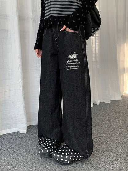 Black Curved Wide Leg Jeans with Polka Dot Details - Solkatt