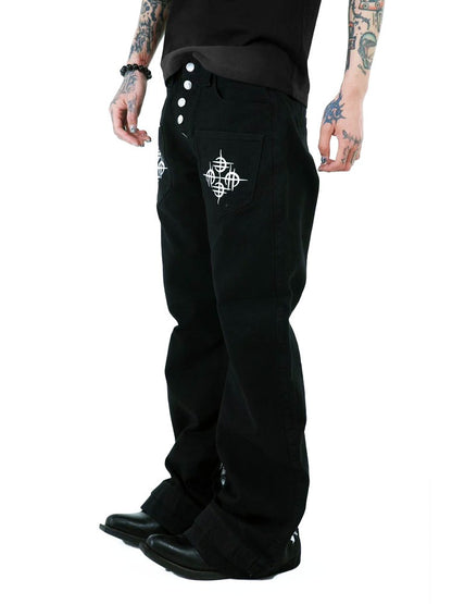 Black Cross Letter Print Curved Leg Canvas Punk Pants - DETW OnLine