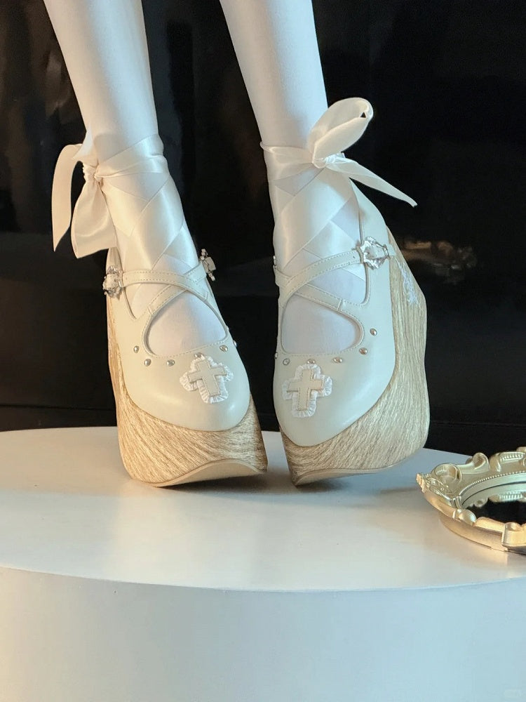 and Cross Gothic Lace-up Platform Shoes with Criss-cross Buckle Strap White Applique