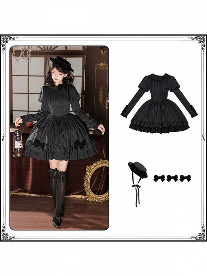 Black Striped Long Sleeve Short Lolita OP Dress with Mini Hat & 2-Way Bow Brooch Set - With PUJI