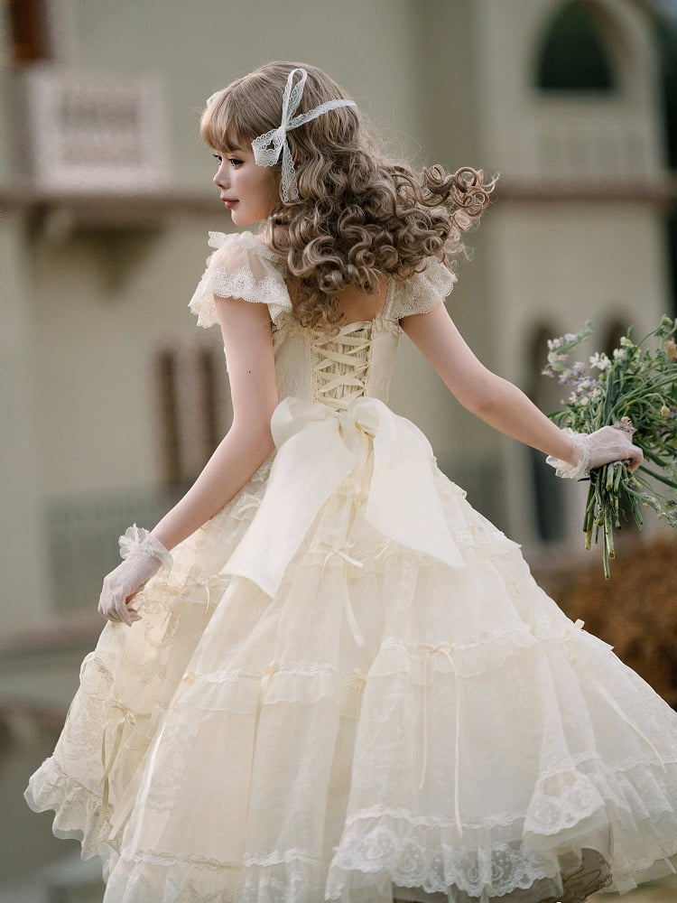 Perlen Schleife Creme Prinzessin Akzente Weiß Ausschnitt Band Kleid Lolita