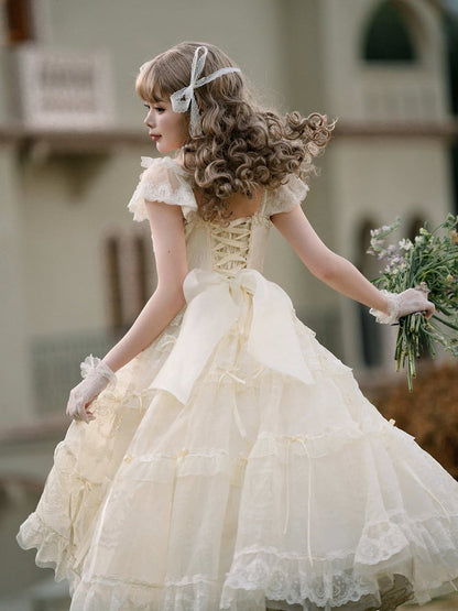 Perlen Schleife Creme Prinzessin Akzente Weiß Ausschnitt Band Kleid Lolita