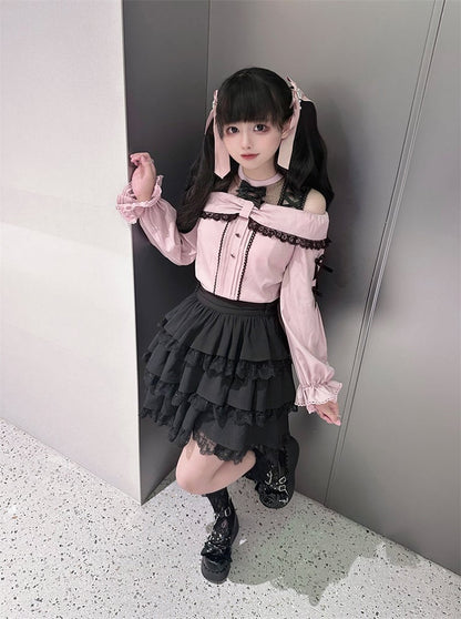 with Pink Bow Black Kei Open Blouse Shoulder Details Jirai Neckline Illusion