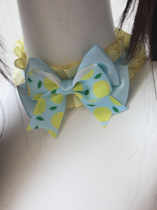 Choker Bowknot Lemon Yellow Print with Blue Ruffled