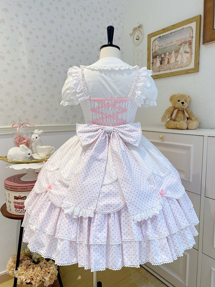Lolita Jumper School White Pattern Pink Skirt Dress Polka Dots Old Stripes and
