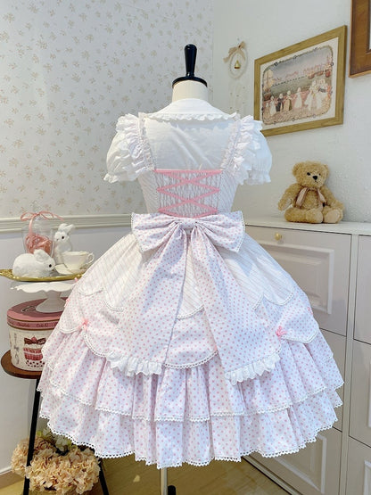 Lolita Jumper School White Pattern Pink Skirt Dress Polka Dots Old Stripes and