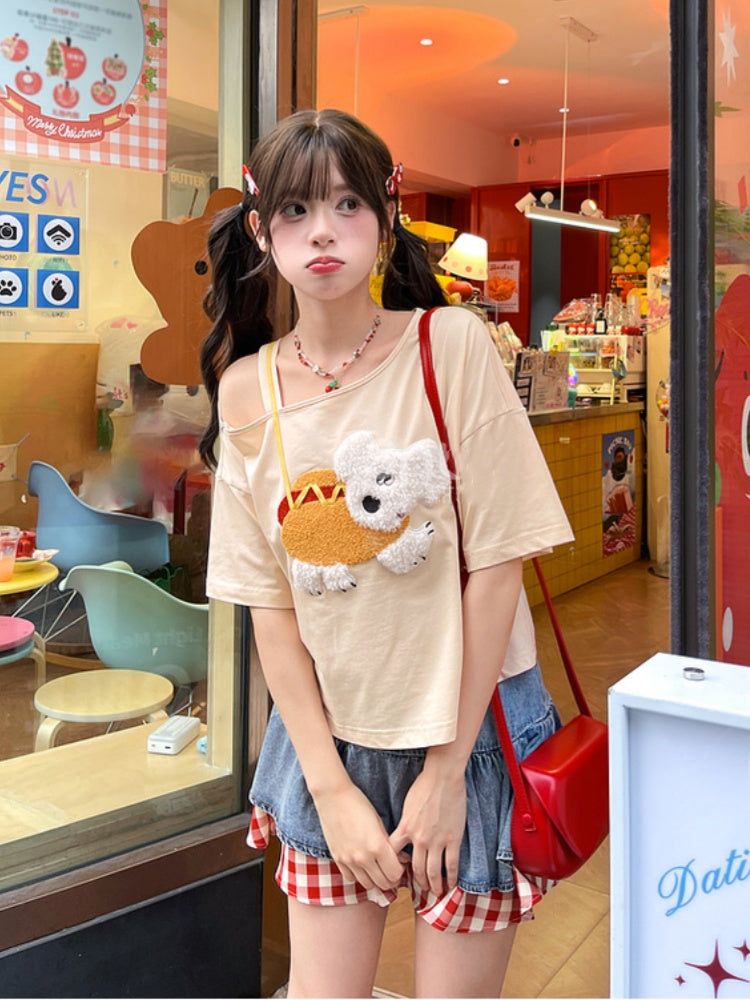 子犬のアップリケTシャツ 非対称ネックライン ホットドッグ アプリコットデザイン