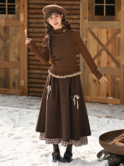 ブラウンの蝶結びディテール、足首丈スカート、チェック柄、フリル裾