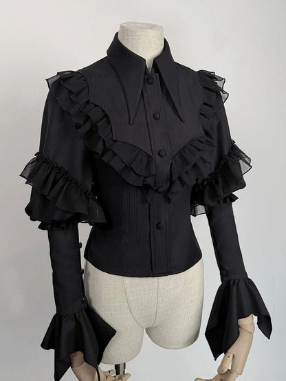Sleeves Collar Lolita Long Shirt with Ruffles Black Sharp Gothic