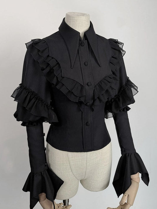 Sleeves Collar Lolita Long Shirt with Ruffles Black Sharp Gothic