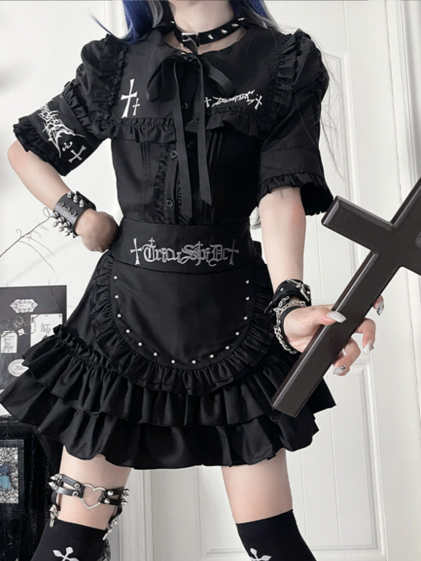 Tie Black Ruffle Lacing Bow Back Metal with Gothic Front Sleeve Short Trimmed Eyelet Top