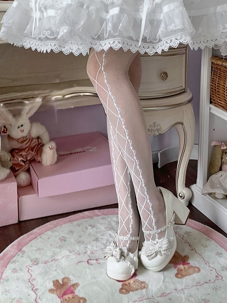Banded Tights Crisscorss White Sweet Lolita Print