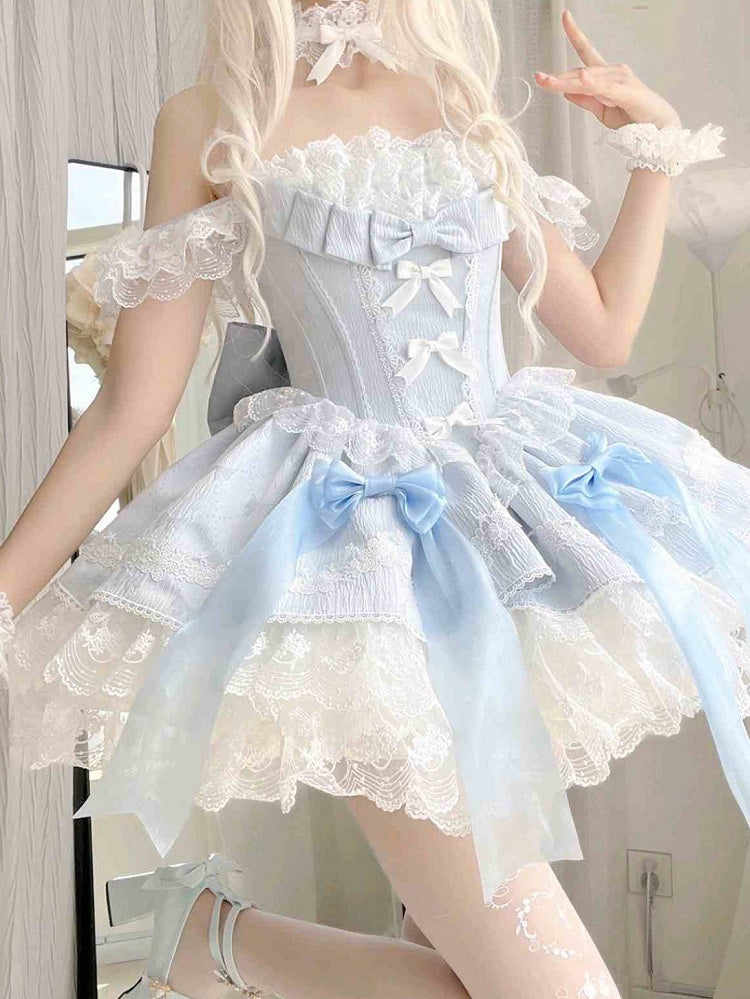 Bows Lolita Detachable Dress Boned with Blue Balletcore Waist