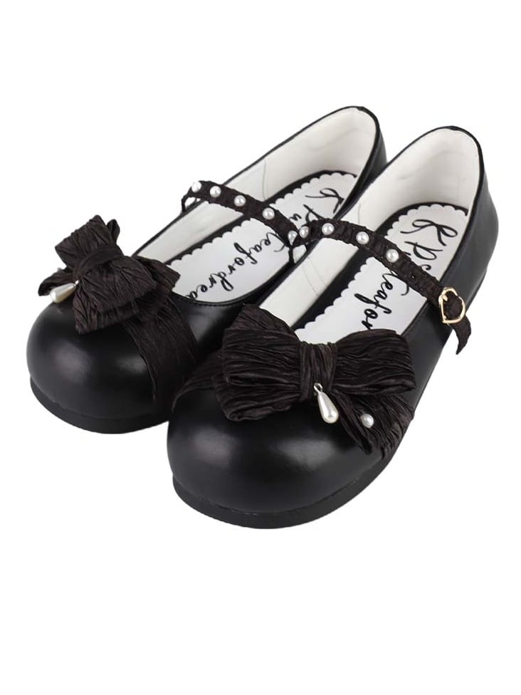 Black Shoes Heart Top Decorated Toe Bow at Round Matte Buckle Lolita Beaded