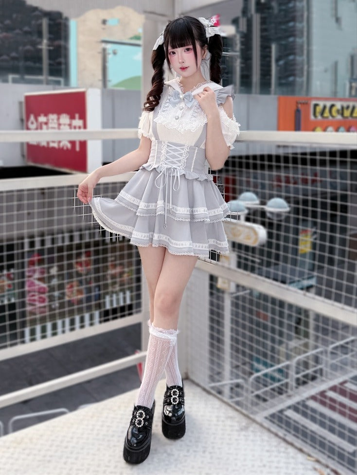 Light Dusty Blue Double-Layer Overall Skirt with Lace Trim - Puppet Bombs