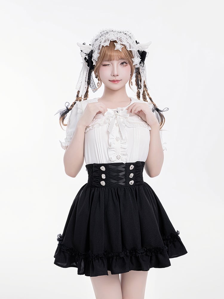 Detail Corset Hem High-Waist Kei Black with Skirt Jirai Ruffle