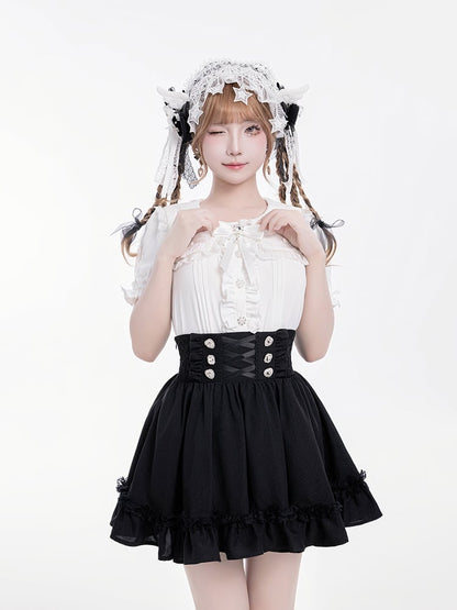 Detail Corset Hem High-Waist Kei Black with Skirt Jirai Ruffle