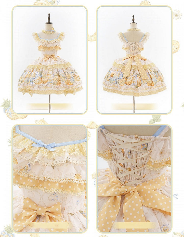 Yellow & Blue Polka Dot Fruit Print Lolita JSK Dress with Lace Details - Badoni B DOLLY Original Design