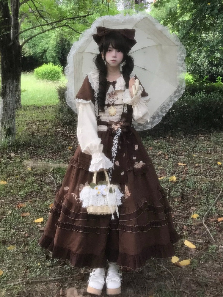Brown Acorn & Squirrel Embroidered Lolita OP Dress with Peter Pan Collar, Ruffles, Belt, Brooch & Bow Hairclip - With PUJI