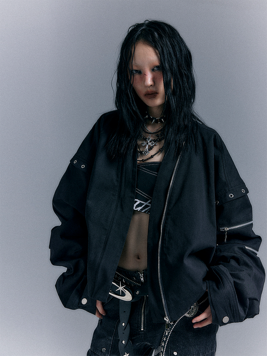 Black Design Punk Zip - Jacket Asymmetrical Closure