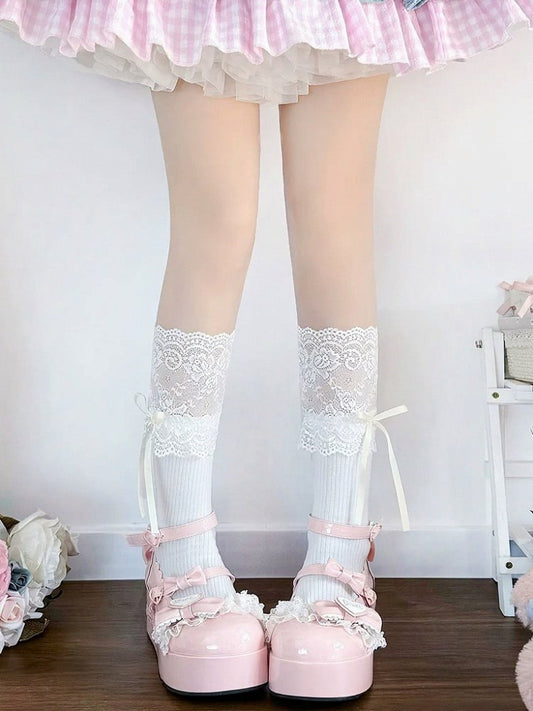 Bow-Embellished Ankle Socks with Contrast Lace Trim - Milkcat Studio