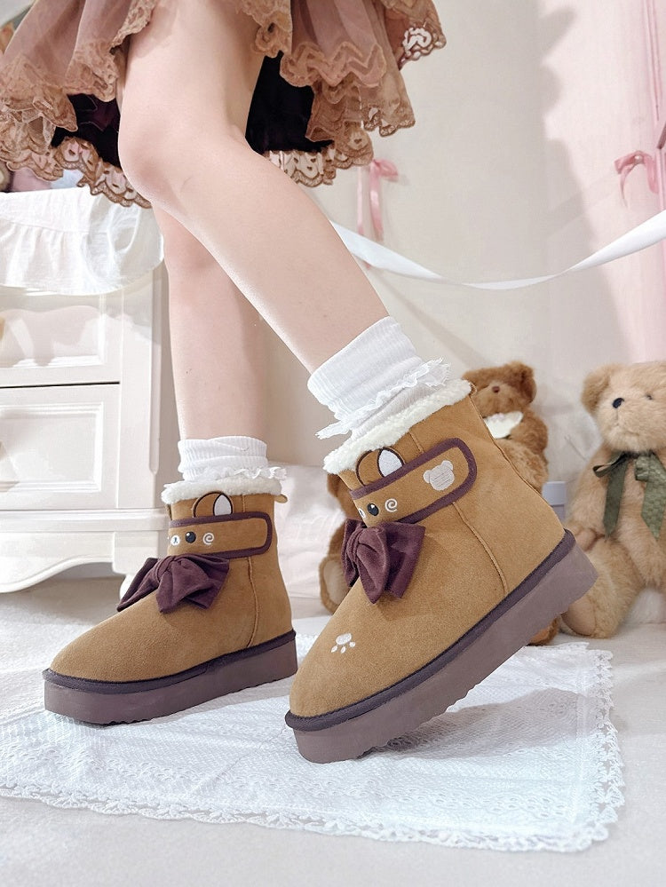 Winter Lolita Fleece Sweet Bear Ankle Brown Themed with Lining Boots