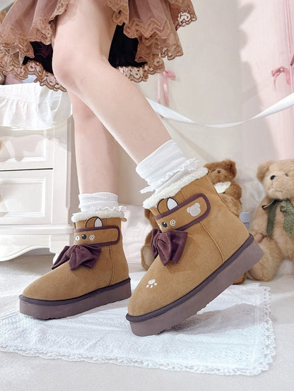 Winter Lolita Fleece Sweet Bear Ankle Brown Themed with Lining Boots
