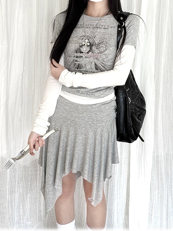 Top/Asymmetrical Girl Print Faux Hem Skirt Grey Cartoon Two-pieces Hooded