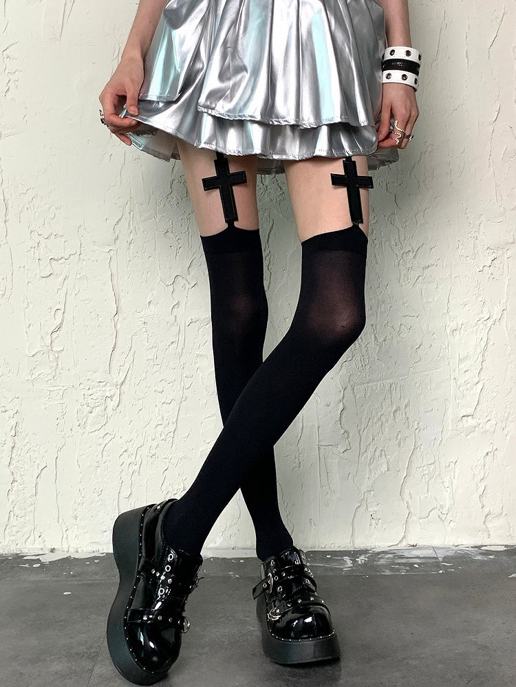 Cross Black//White Suspender Applique Y2K Stockings