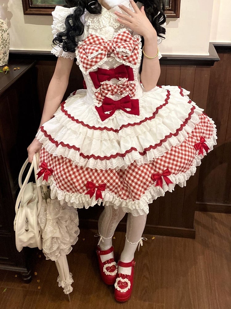 und Saum gewellter Kleiderrand mit süßem Rockmuster Lolita Gingham gestufter weißer Besatz rot