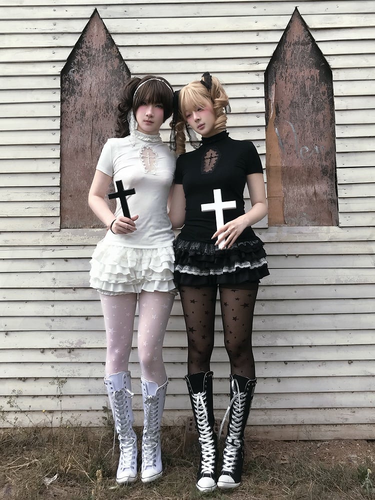 Tiered Cross Skort Gothic Black/White Elastic Waist Lace Trim Bloomers