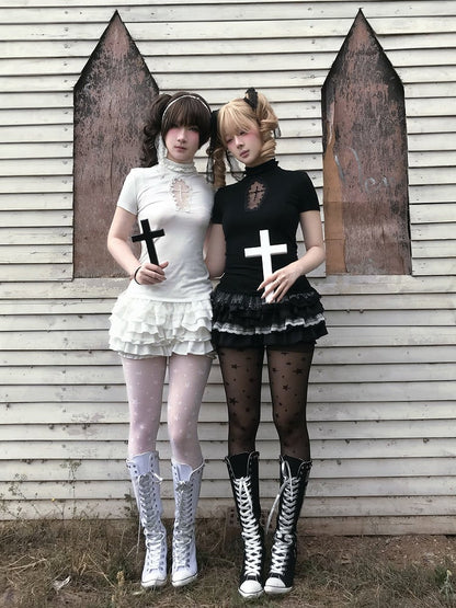 Tiered Cross Skort Gothic Black/White Elastic Waist Lace Trim Bloomers