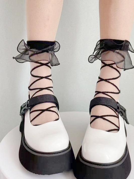 ホワイト/ブラックオーガンザフリルカフクリスコースバンドロリータアンクルソックス